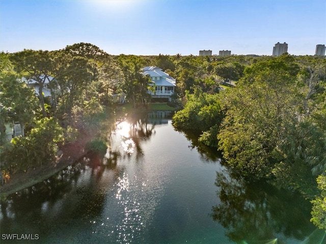 birds eye view of property with a water view