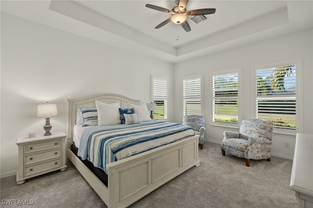 bedroom featuring a tray ceiling, multiple windows, and ceiling fan