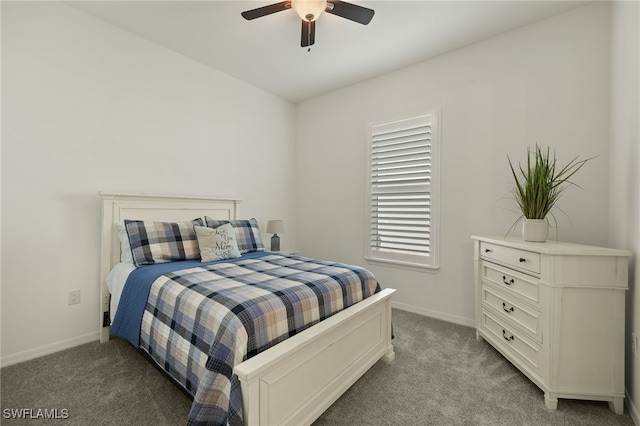 bedroom with ceiling fan and light colored carpet