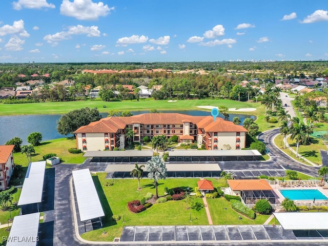 bird's eye view with a water view