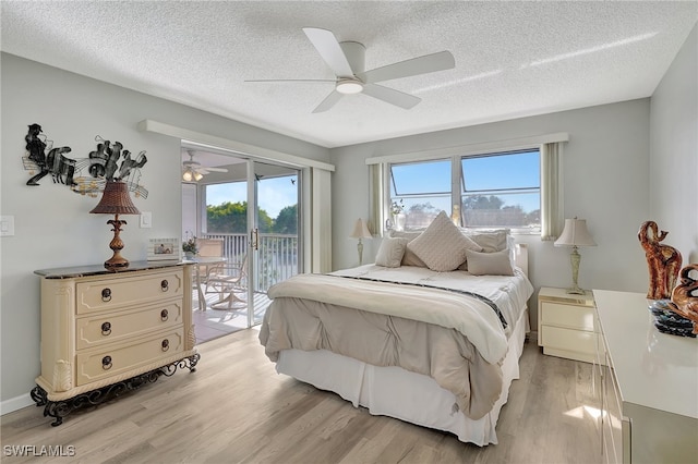 bedroom with light hardwood / wood-style flooring, ceiling fan, access to outside, and a textured ceiling