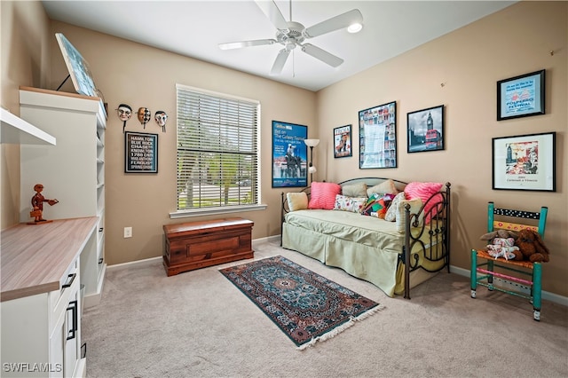 carpeted bedroom with ceiling fan