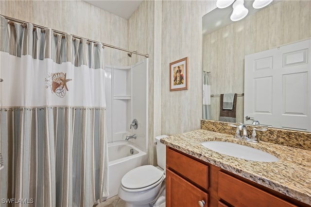 full bathroom featuring vanity, shower / bath combo, and toilet