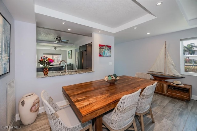 dining room featuring ceiling fan, sink, a raised ceiling, and plenty of natural light