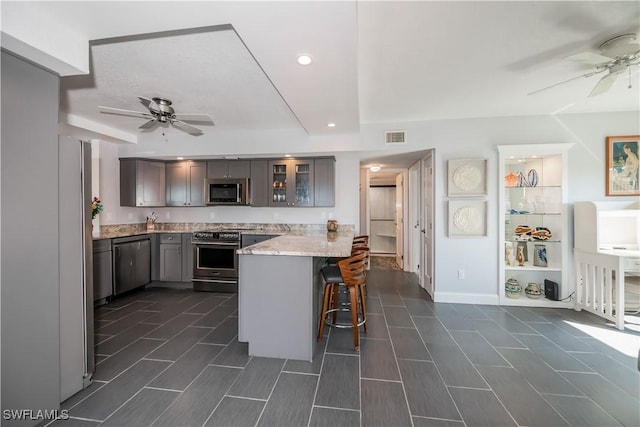 kitchen with light stone countertops, a kitchen breakfast bar, stainless steel appliances, and ceiling fan