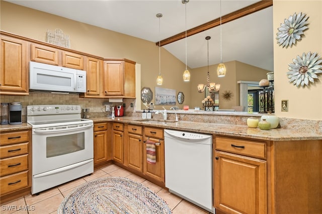 kitchen with white appliances, backsplash, sink, vaulted ceiling with beams, and light stone counters