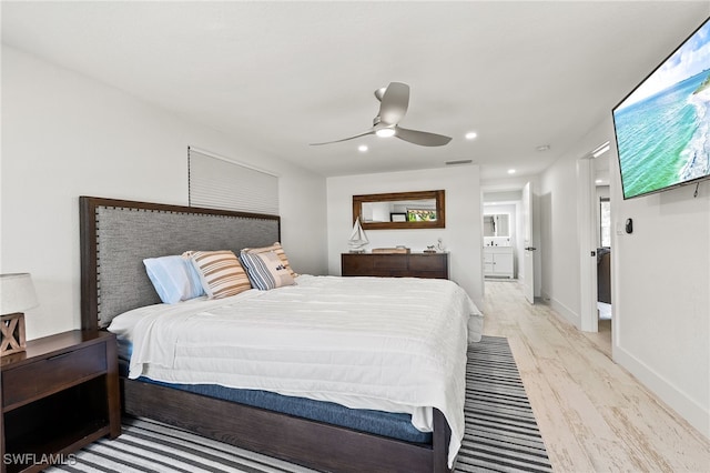 bedroom with recessed lighting, visible vents, a ceiling fan, baseboards, and light wood-type flooring