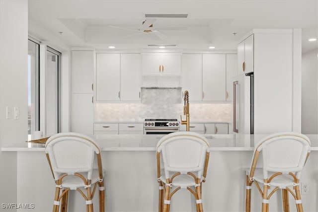 kitchen featuring white cabinets, a breakfast bar, stainless steel appliances, and a tray ceiling