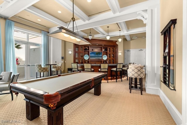 recreation room with beamed ceiling, light carpet, coffered ceiling, and billiards