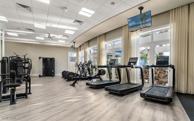 workout area with a paneled ceiling, a wealth of natural light, and wood-type flooring