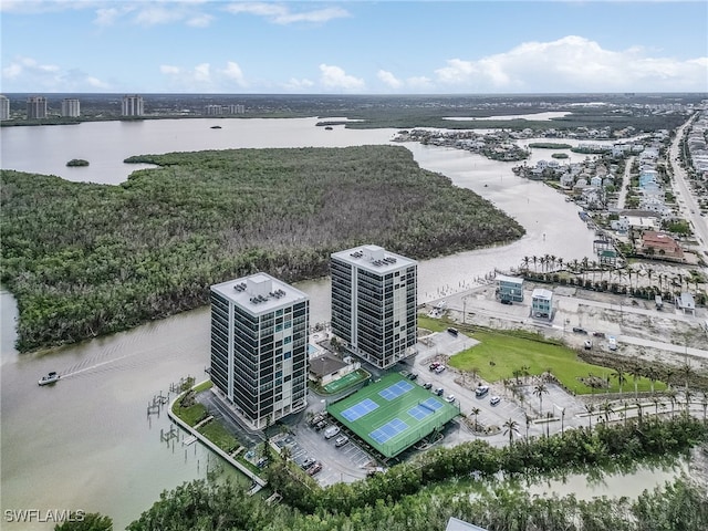 bird's eye view with a water view