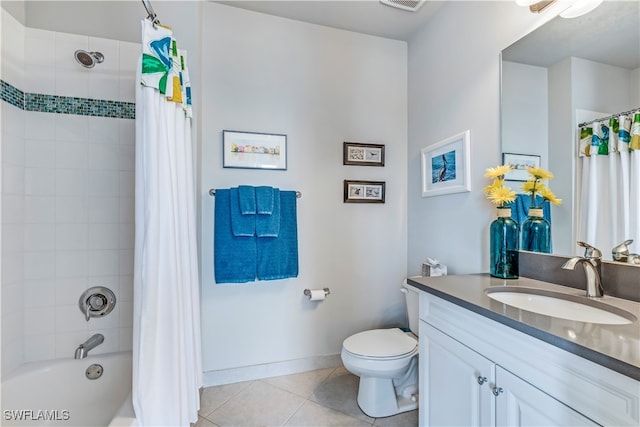 full bathroom with tile patterned floors, vanity, shower / bathtub combination with curtain, and toilet