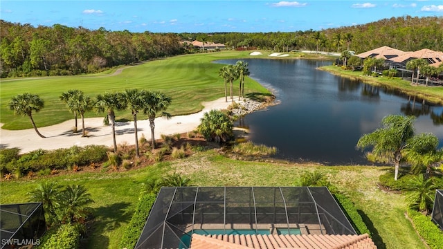 bird's eye view with a water view