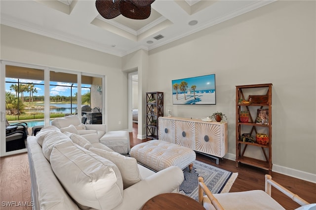 living room with ornamental molding, dark hardwood / wood-style flooring, coffered ceiling, and beam ceiling