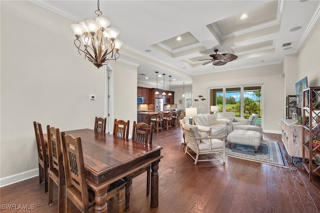 dining space featuring ceiling fan with notable chandelier, ornamental molding, dark hardwood / wood-style flooring, and coffered ceiling