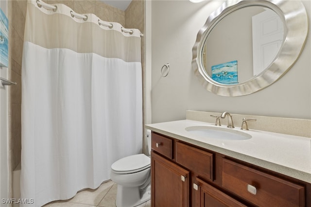 bathroom featuring a shower with curtain, tile patterned flooring, vanity, and toilet