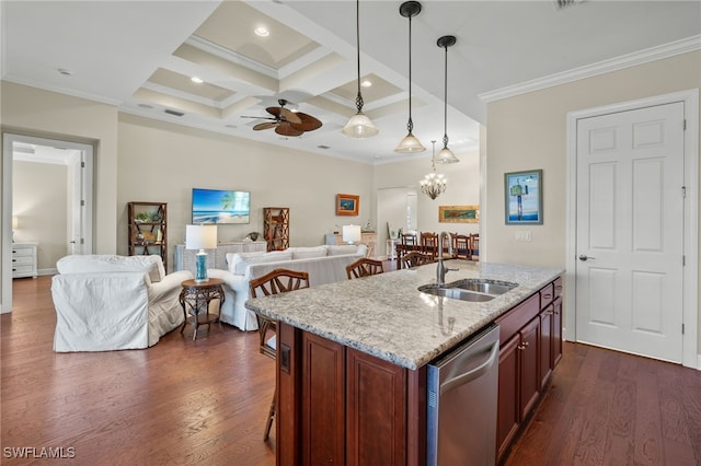 kitchen featuring dishwasher, coffered ceiling, sink, ornamental molding, and dark hardwood / wood-style flooring