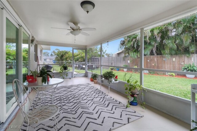 sunroom / solarium featuring plenty of natural light and ceiling fan