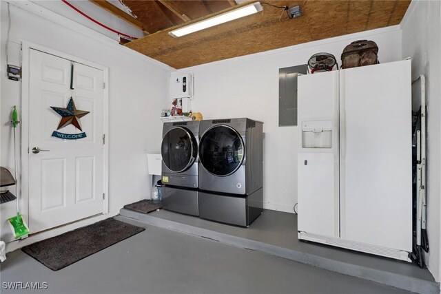 laundry area with washing machine and dryer and electric panel