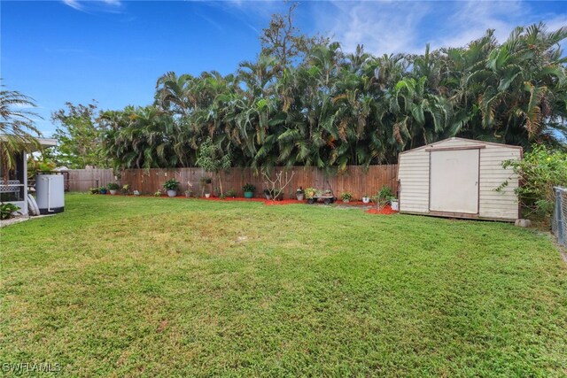 view of yard featuring a storage unit