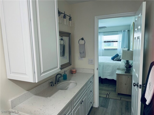 bathroom with vanity and hardwood / wood-style floors