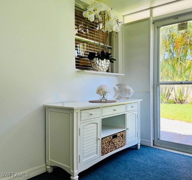 bar featuring a wealth of natural light and dark colored carpet