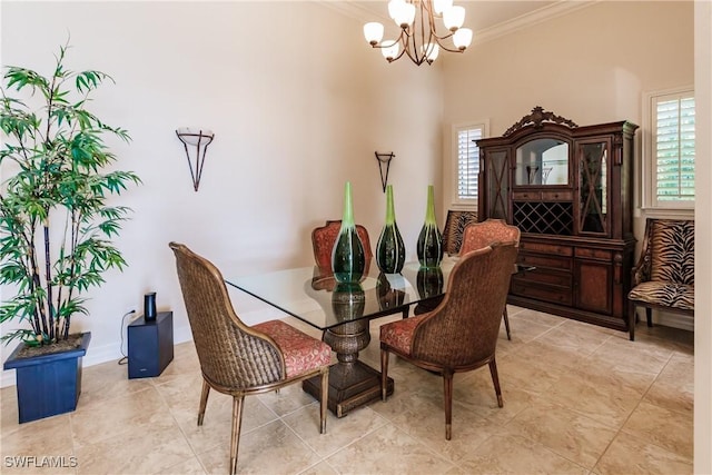 tiled dining room with an inviting chandelier, crown molding, and plenty of natural light