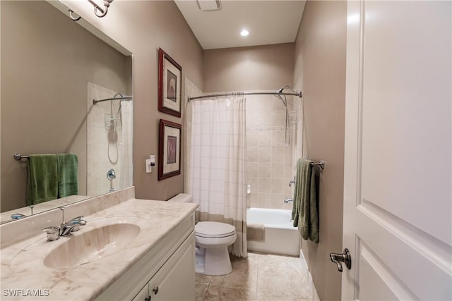 full bathroom featuring shower / bath combination with curtain, vanity, toilet, and tile patterned flooring