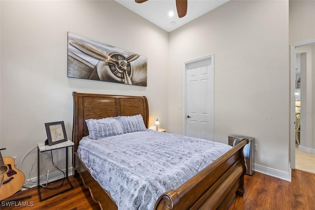 bedroom with a ceiling fan, baseboards, dark wood-style flooring, and recessed lighting