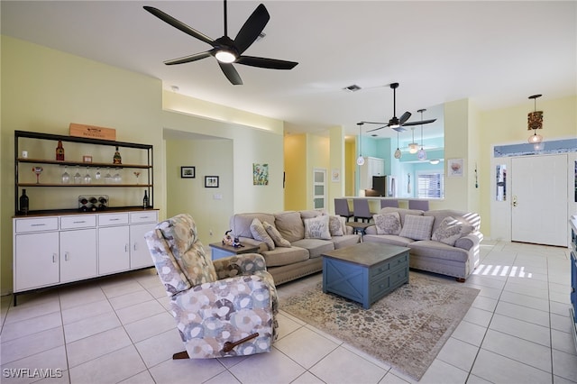 living room with light tile patterned flooring