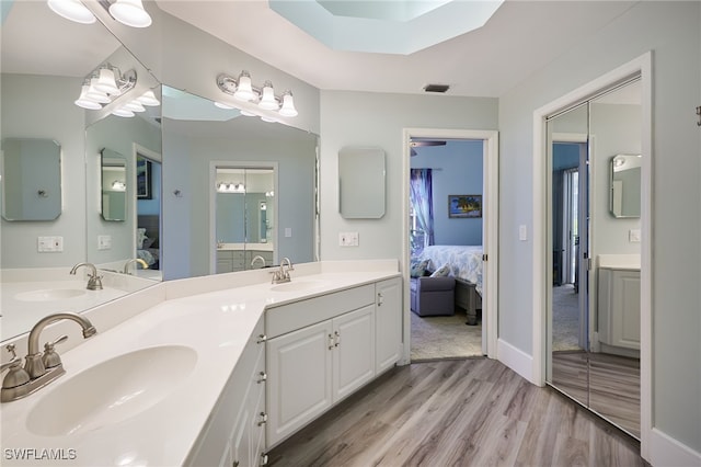 bathroom with hardwood / wood-style floors and vanity