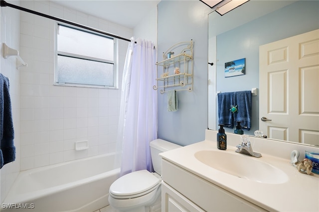 full bathroom featuring vanity, toilet, and shower / bathtub combination with curtain