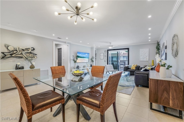 dining area featuring crown molding, light tile patterned flooring, and ceiling fan with notable chandelier