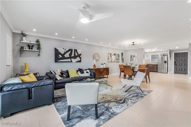 tiled living room featuring ceiling fan and ornamental molding