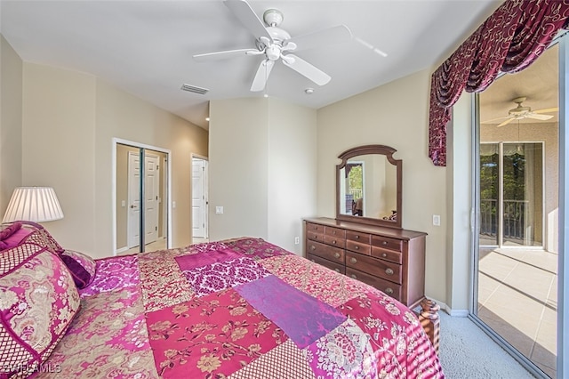 carpeted bedroom featuring a closet, access to outside, and ceiling fan