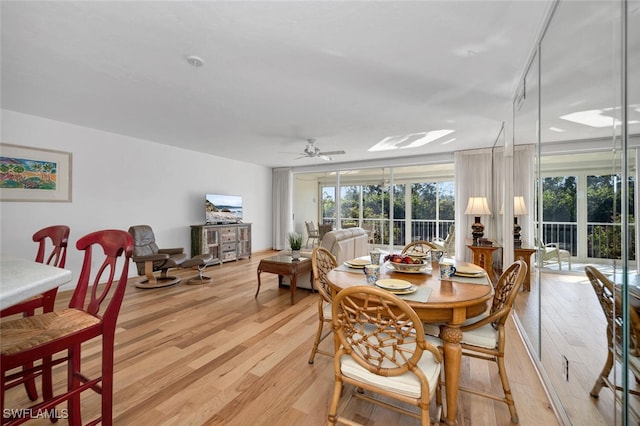 dining area with ceiling fan and light hardwood / wood-style flooring