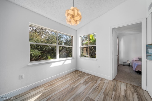 spare room with light hardwood / wood-style floors, lofted ceiling, a textured ceiling, and a wealth of natural light