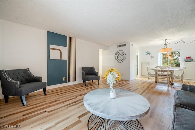 living room featuring light hardwood / wood-style flooring and a textured ceiling