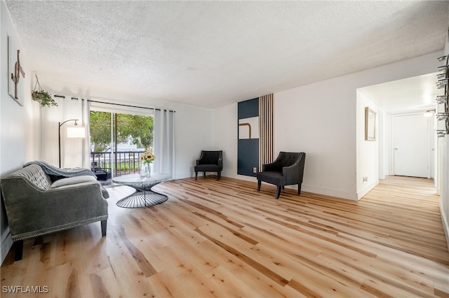 living room featuring light hardwood / wood-style floors and a textured ceiling