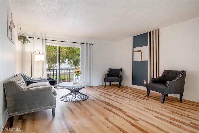 living area with light hardwood / wood-style floors and a textured ceiling