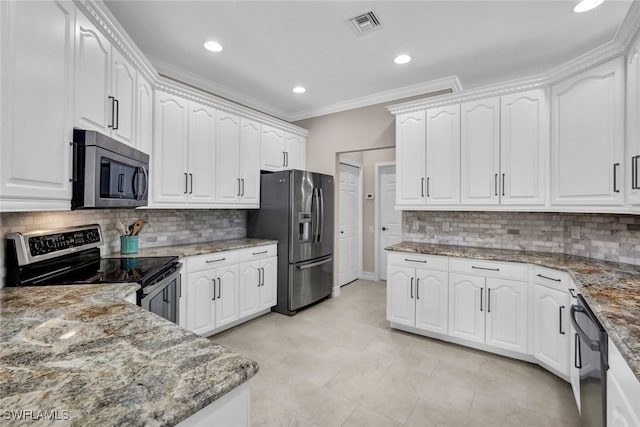 kitchen featuring decorative backsplash, appliances with stainless steel finishes, white cabinetry, and crown molding