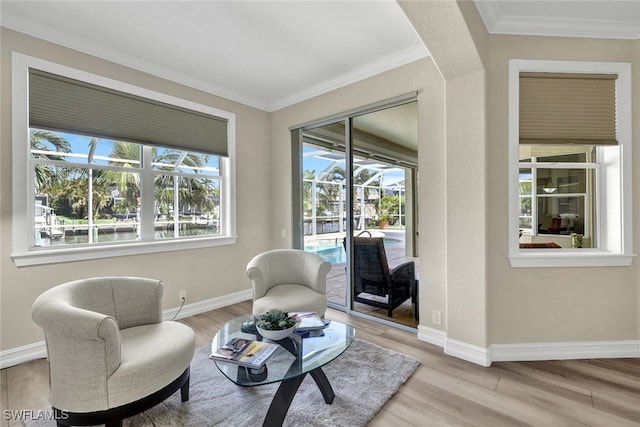 living area featuring light wood-type flooring and crown molding