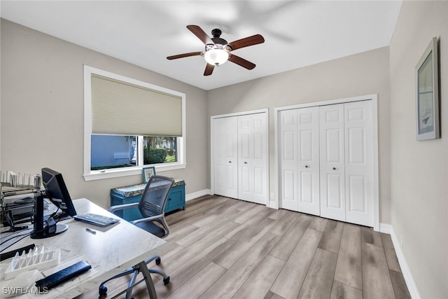 office featuring ceiling fan and light hardwood / wood-style flooring