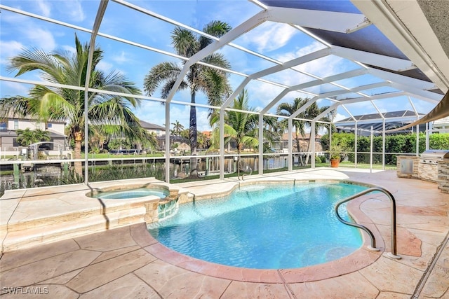 view of pool featuring an in ground hot tub, a lanai, a water view, a patio area, and a grill