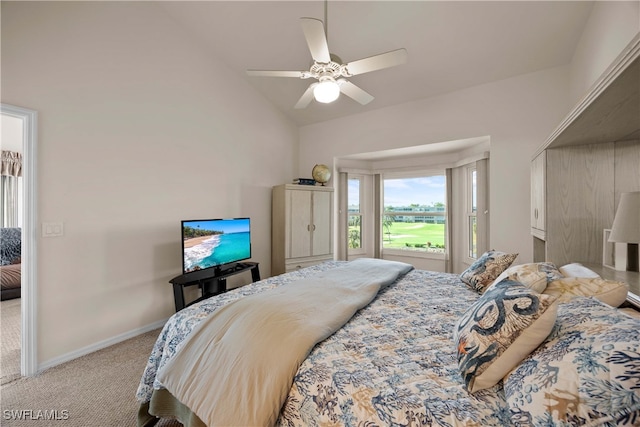 bedroom featuring carpet flooring, ceiling fan, and high vaulted ceiling