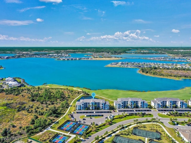 drone / aerial view featuring a water view