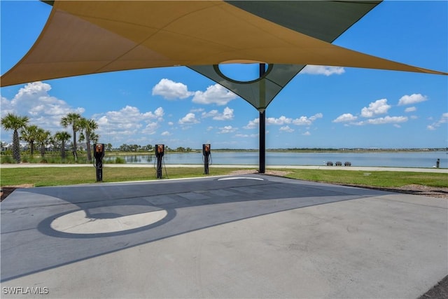 view of patio with a water view