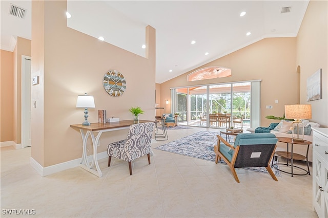 living room with high vaulted ceiling and ornamental molding