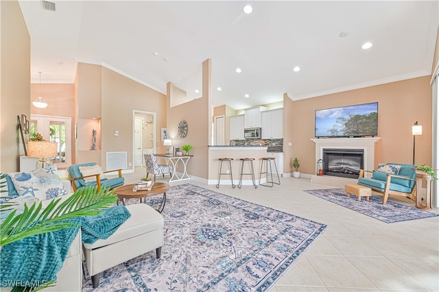 tiled living room featuring lofted ceiling and crown molding