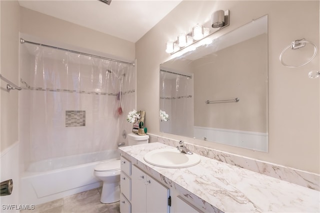 full bathroom with tile patterned floors, vanity, shower / bathtub combination with curtain, and toilet